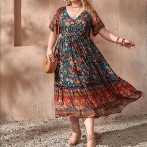 Boho plus floral print V neck midi dress